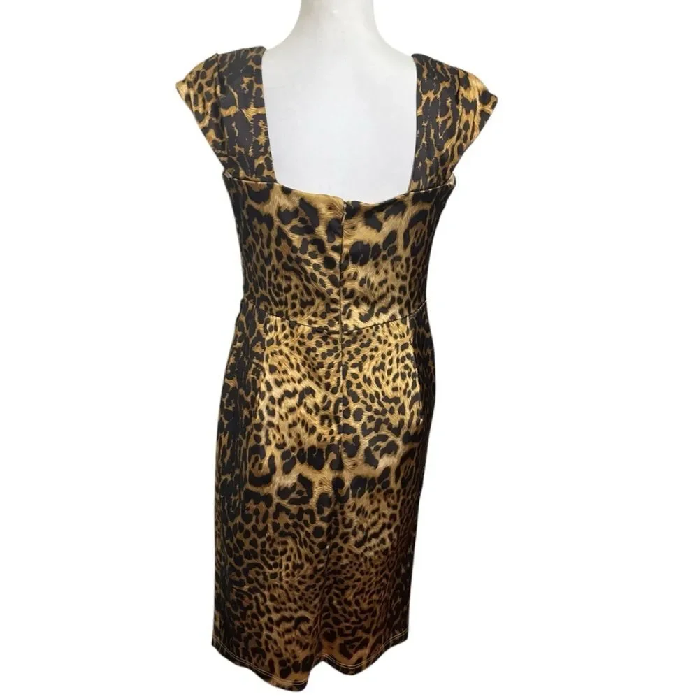 TADASHI Collection Dress Leopard Print Ruched Bodycon Women’s Size 6 Midi